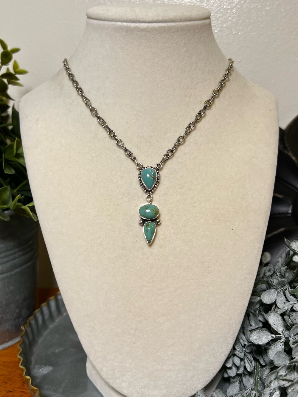 Kingman Turquoise Drop Necklace Sterling Silver 3 Stone Pendant | Southwestern - Picture 3 of 14